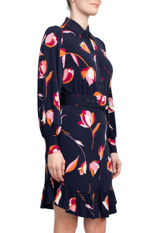 London Times Collared Button Down Elastic Cuff Long Sleeve Belted ITY Dress - Glamourous Grace
