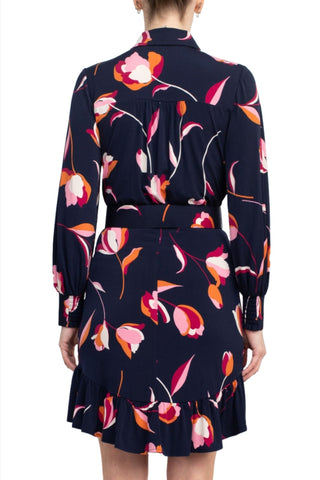 London Times Collared Button Down Elastic Cuff Long Sleeve Belted ITY Dress - Glamourous Grace