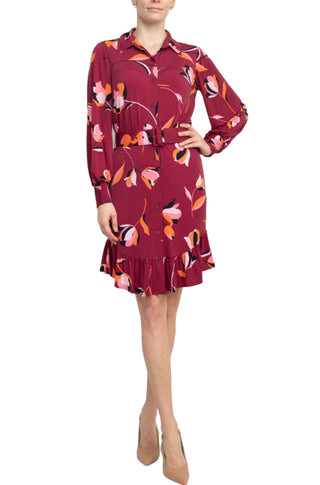 London Times Collared Button Down Elastic Cuff Long Sleeve Belted ITY Dress - Glamourous Grace