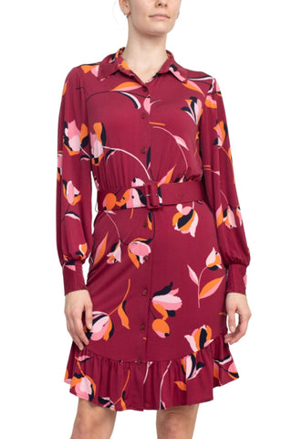 London Times Collared Button Down Elastic Cuff Long Sleeve Belted ITY Dress - Glamourous Grace