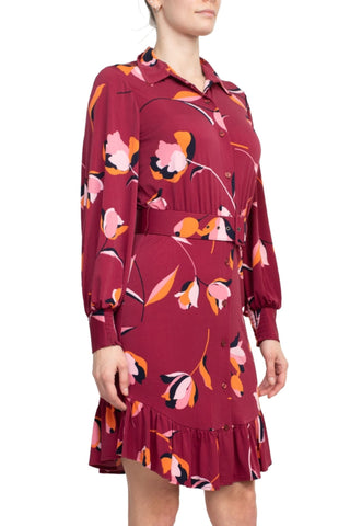 London Times Collared Button Down Elastic Cuff Long Sleeve Belted ITY Dress - Glamourous Grace