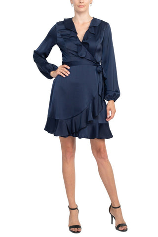 London Times V-Neck Bishop Sleeves Ruffled Warp Zipper Back Solid Charmeuse Dress - By Baano