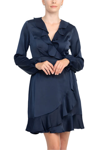 London Times V-Neck Bishop Sleeves Ruffled Warp Zipper Back Solid Charmeuse Dress - By Baano