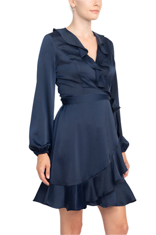 London Times V-Neck Bishop Sleeves Ruffled Warp Zipper Back Solid Charmeuse Dress - By Baano