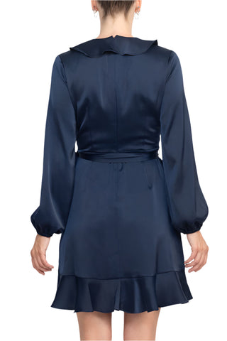 London Times V-Neck Bishop Sleeves Ruffled Warp Zipper Back Solid Charmeuse Dress - By Baano