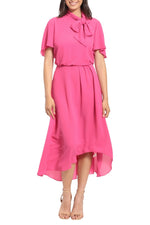 London Times Side Tie Flutter Sleeve Blouson Midi Dress