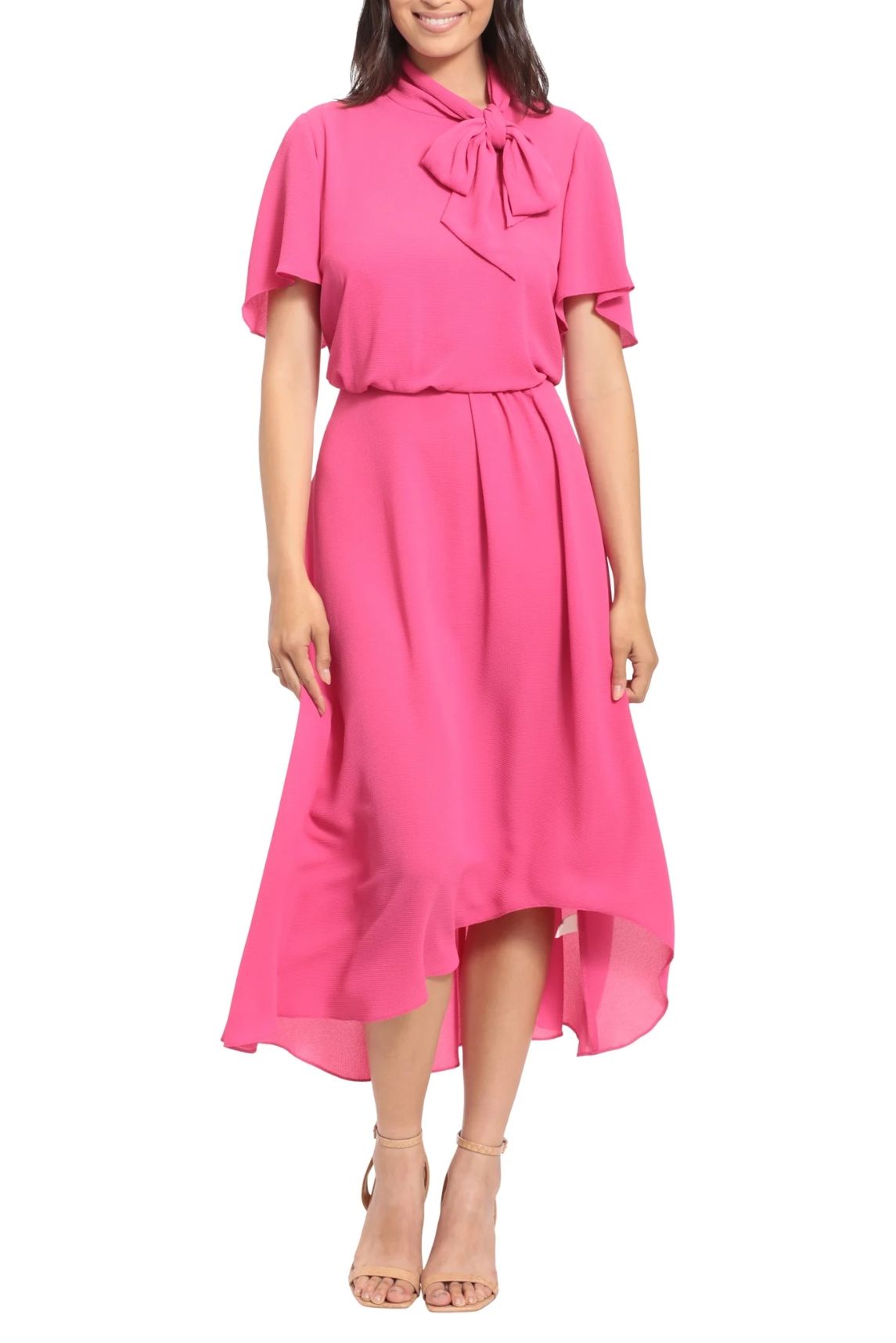London Times Side Tie Flutter Sleeve Blouson Midi Dress