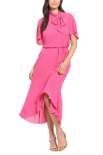 London Times Side Tie Flutter Sleeve Blouson Midi Dress