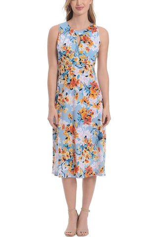 London Times Printed Sleeveless Versatile Empire A-line Keyhole Neckline Midi Dress - By Baano
