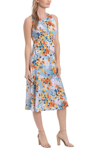 London Times Printed Sleeveless Versatile Empire A-line Keyhole Neckline Midi Dress - By Baano