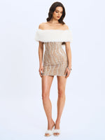 Averie White Fur Off-Shoulder Beige Sequin Mini Dress Miss Circle