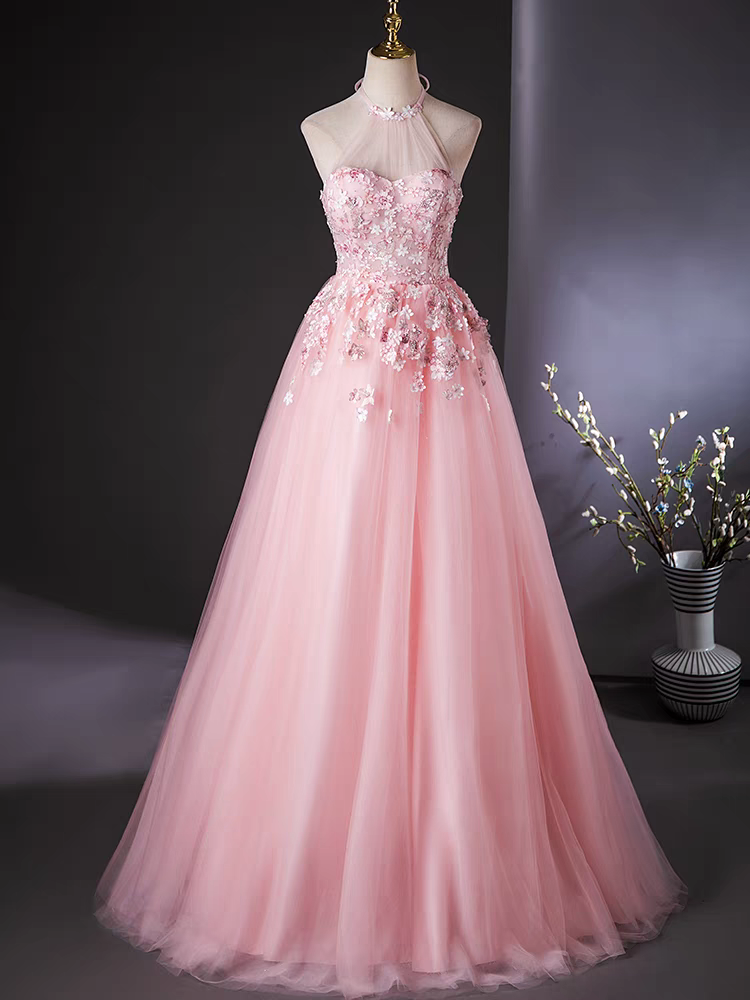 Pink Scoop 3D flower lace applique long tull ball gown