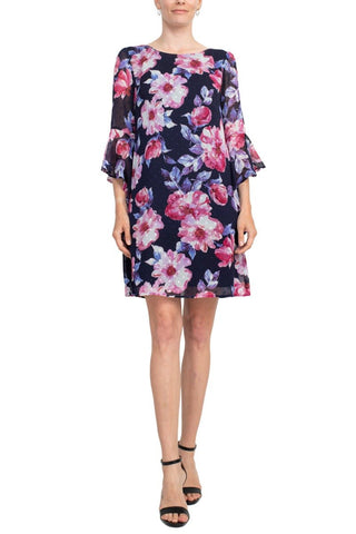 Connected Apparel Boat Neck Flounce Sleeve Zipper Back Floral Print Chiffon Dress - Glamourous Grace