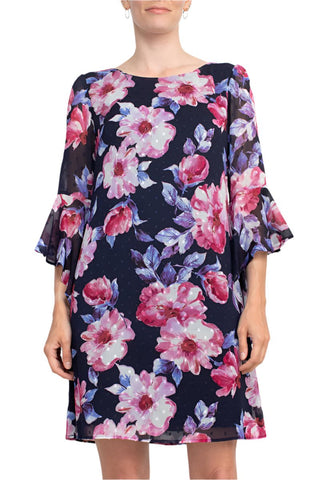 Connected Apparel Boat Neck Flounce Sleeve Zipper Back Floral Print Chiffon Dress - Glamourous Grace