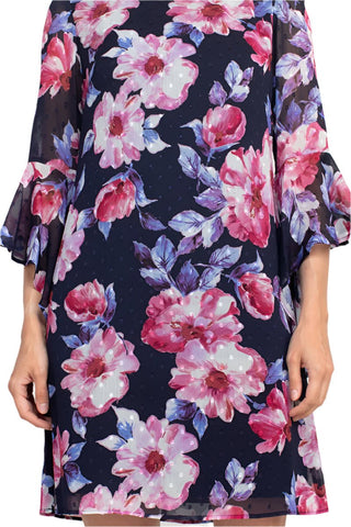 Connected Apparel Boat Neck Flounce Sleeve Zipper Back Floral Print Chiffon Dress - Glamourous Grace