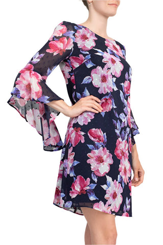 Connected Apparel Boat Neck Flounce Sleeve Zipper Back Floral Print Chiffon Dress - Glamourous Grace