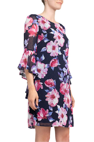 Connected Apparel Boat Neck Flounce Sleeve Zipper Back Floral Print Chiffon Dress - Glamourous Grace