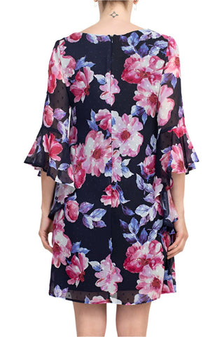 Connected Apparel Boat Neck Flounce Sleeve Zipper Back Floral Print Chiffon Dress - Glamourous Grace