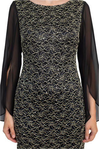 Connected Apparel Boat Neck Chiffon Sleeve Sequined Lace Dress - By Baano