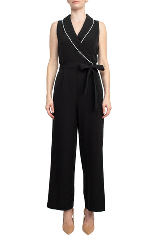 Tahari Lapel Collar V-Neck Sleeveless Piping Detail Tie Waist Scuba Jumpsuit - By Baano