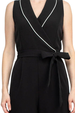 Tahari Lapel Collar V-Neck Sleeveless Piping Detail Tie Waist Scuba Jumpsuit - By Baano