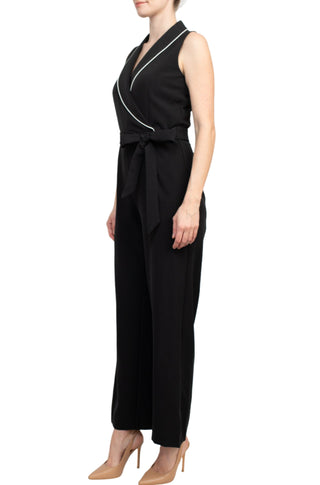 Tahari Lapel Collar V-Neck Sleeveless Piping Detail Tie Waist Scuba Jumpsuit - By Baano