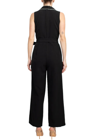 Tahari Lapel Collar V-Neck Sleeveless Piping Detail Tie Waist Scuba Jumpsuit - By Baano