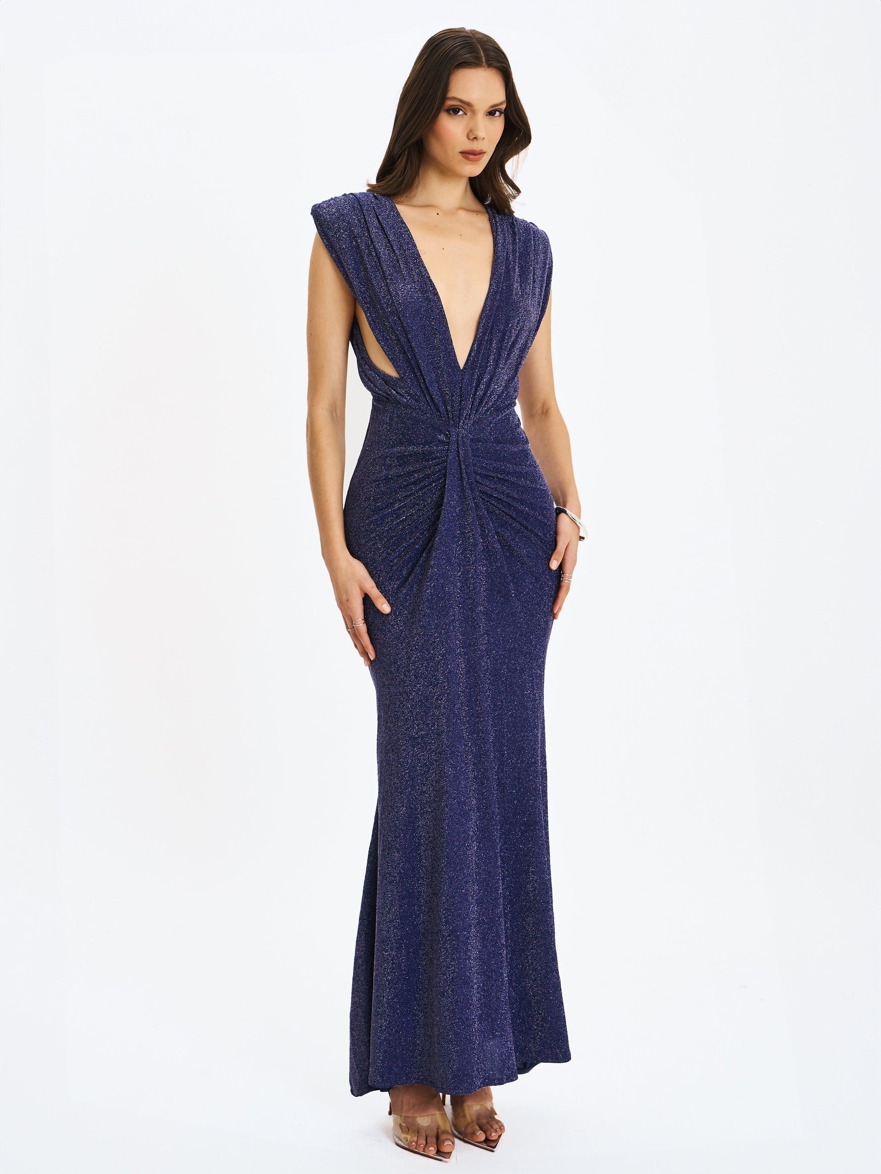 Terri Navy Sparkle Plunging Backless Maxi Dress Miss Circle