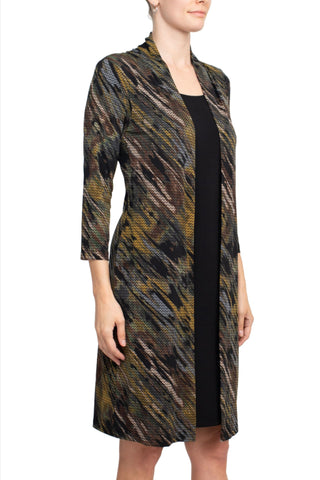 Connected Apparel Square Neck 3/4 Sleeves Slip on Attached Jacket Knee Length Dress - By Baano