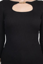T Tahari Boat Neck Gold Metal Chain 3/4 Sleeve Ribbed Cutout Front Knit Top - Glamourous Grace