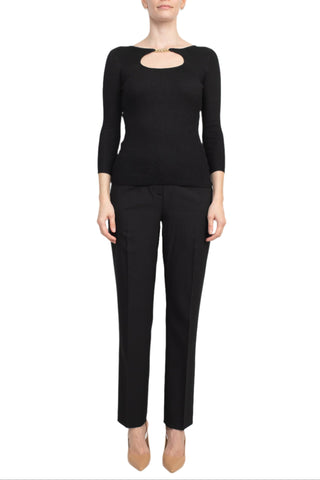 T Tahari Boat Neck Gold Metal Chain 3/4 Sleeve Ribbed Cutout Front Knit Top - By Baano