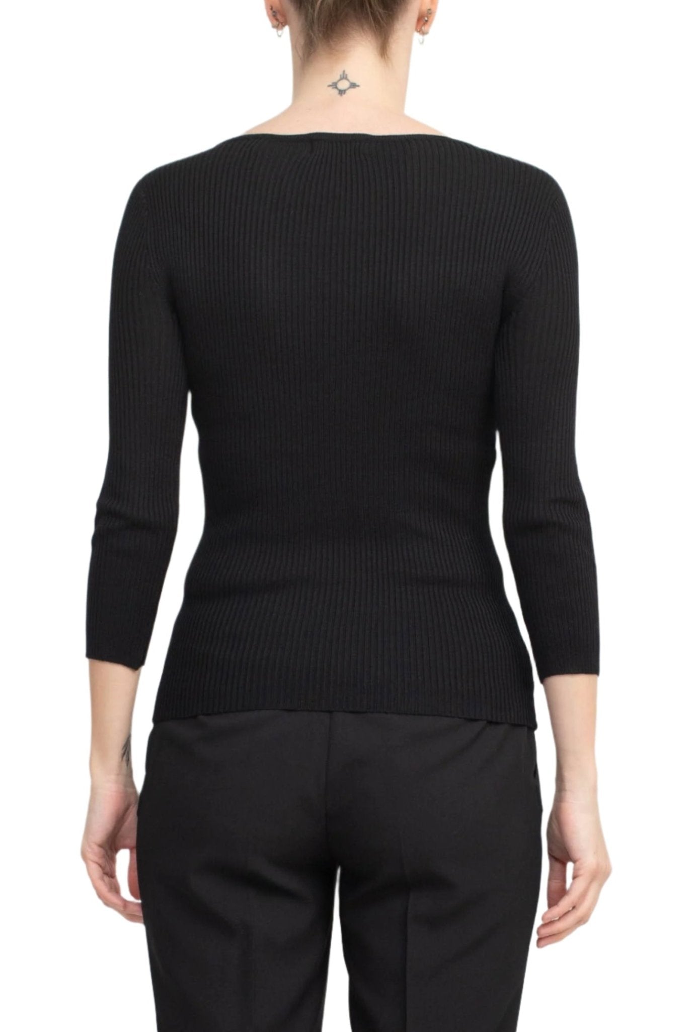 T Tahari Boat Neck Gold Metal Chain 3/4 Sleeve Ribbed Cutout Front Knit Top - Glamourous Grace