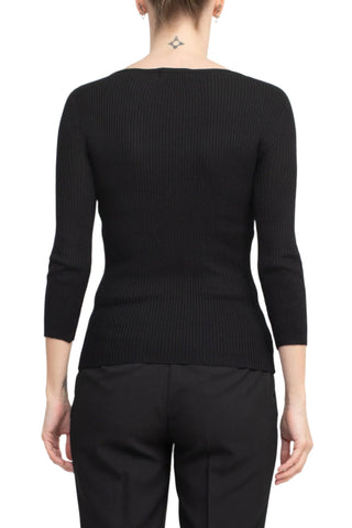 T Tahari Boat Neck Gold Metal Chain 3/4 Sleeve Ribbed Cutout Front Knit Top - By Baano