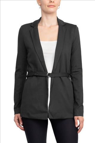 T Tahari Notched Collar Open Front Long Sleeve Ring Style Waist Belt Jacket - Glamourous Grace