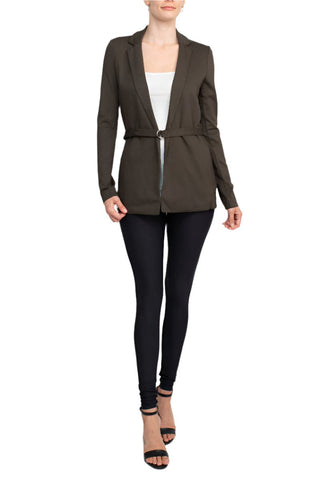 T Tahari Notched Collar Open Front Long Sleeve Ring Style Waist Belt Jacket - Glamourous Grace