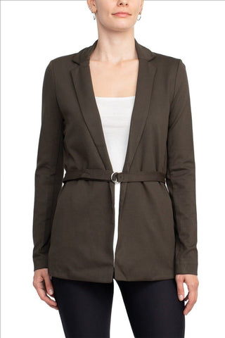T Tahari Notched Collar Open Front Long Sleeve Ring Style Waist Belt Jacket - Glamourous Grace