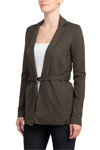 T Tahari Notched Collar Open Front Long Sleeve Ring Style Waist Belt Jacket - Glamourous Grace