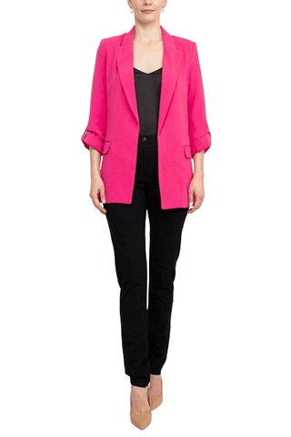 T Tahari Lapel Collar 3/4 Roll Sleeve Open Front Woven Blazer - By Baano