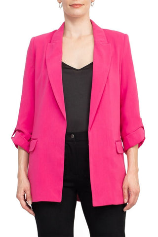 T Tahari Lapel Collar 3/4 Roll Sleeve Open Front Woven Blazer - By Baano
