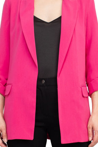 T Tahari Lapel Collar 3/4 Roll Sleeve Open Front Woven Blazer - By Baano