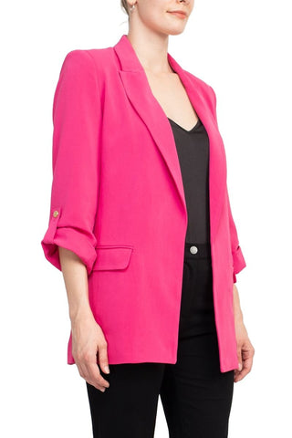 T Tahari Lapel Collar 3/4 Roll Sleeve Open Front Woven Blazer - By Baano