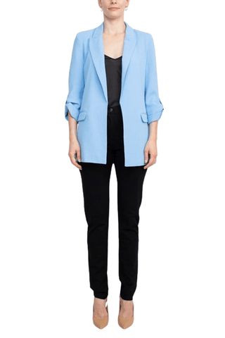 T Tahari Lapel Collar 3/4 Roll Sleeve Open Front Woven Blazer - By Baano