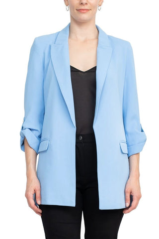 T Tahari Lapel Collar 3/4 Roll Sleeve Open Front Woven Blazer - By Baano