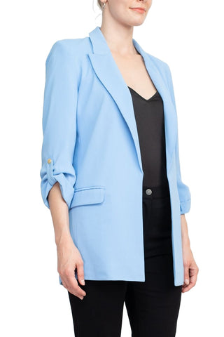 T Tahari Lapel Collar 3/4 Roll Sleeve Open Front Woven Blazer - By Baano