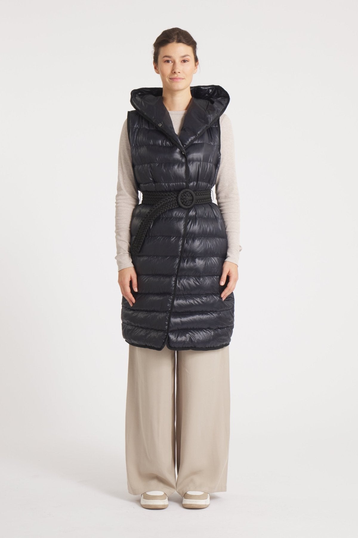 The Camden | Long Hooded Down Vest | Midnight Black