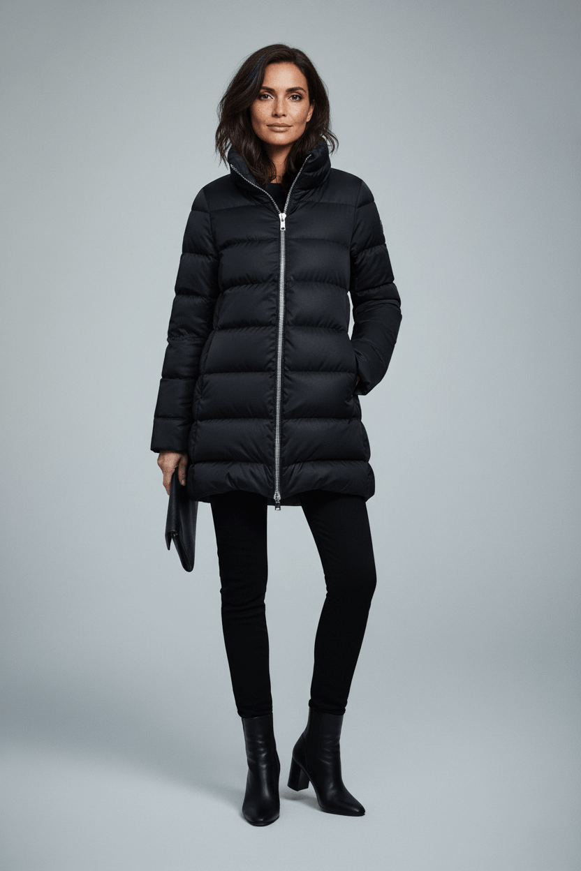 The Dorchester | Down Coat with Chunky Zipper | Midnight Black