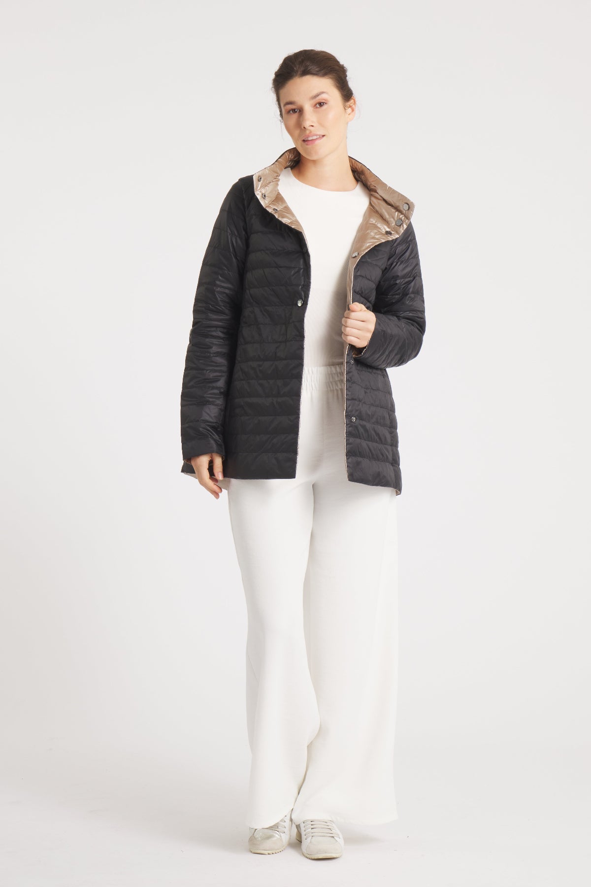 The Knightsbridge | Lightweight 2 in 1 Reversible Down Coat | Matte Black / Metallic Gold