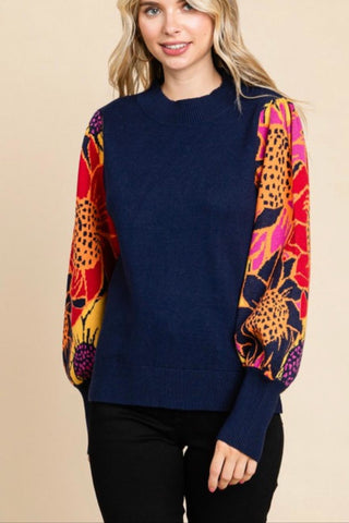Navy Floral Balloon Sleeve Sweater - By Baano