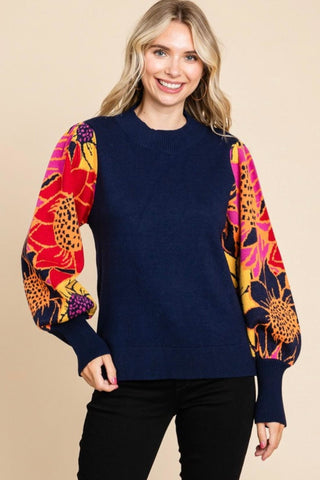 Navy Floral Balloon Sleeve Sweater - By Baano