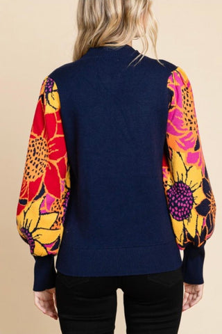 Navy Floral Balloon Sleeve Sweater - By Baano